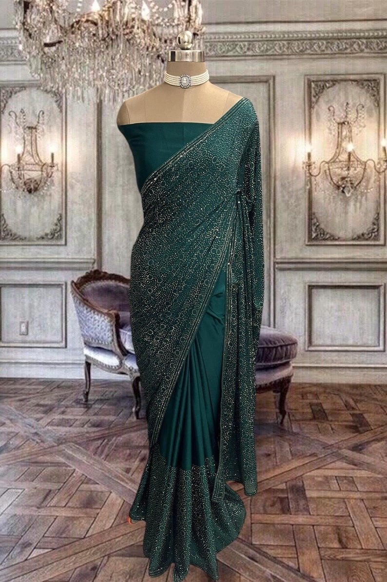 Beautiful Rama Green Satin Saree with Silver Kundan Stone Work