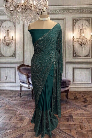 Beautiful Rama Green Satin Saree with Silver Kundan Stone Work