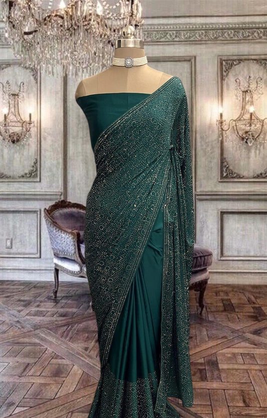 Beautiful Rama Green Satin Saree with Silver Kundan Stone Work