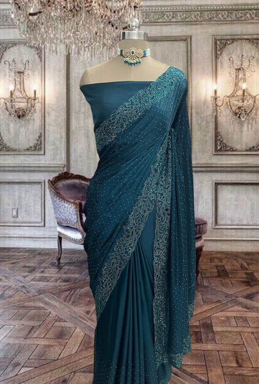 Beautiful Peacock Blue Satin Silk Cutwork Border Saree With Kundan Stone Work