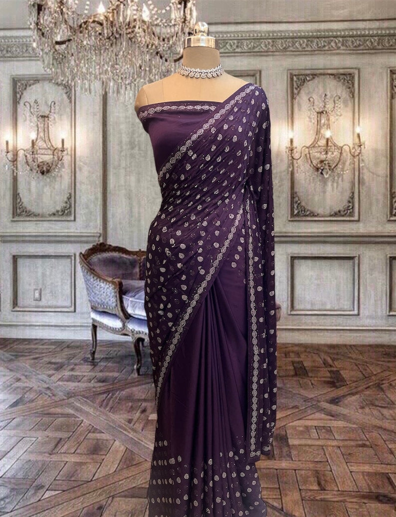 Beautiful Pure Purple Satin Saree with Kundan Work