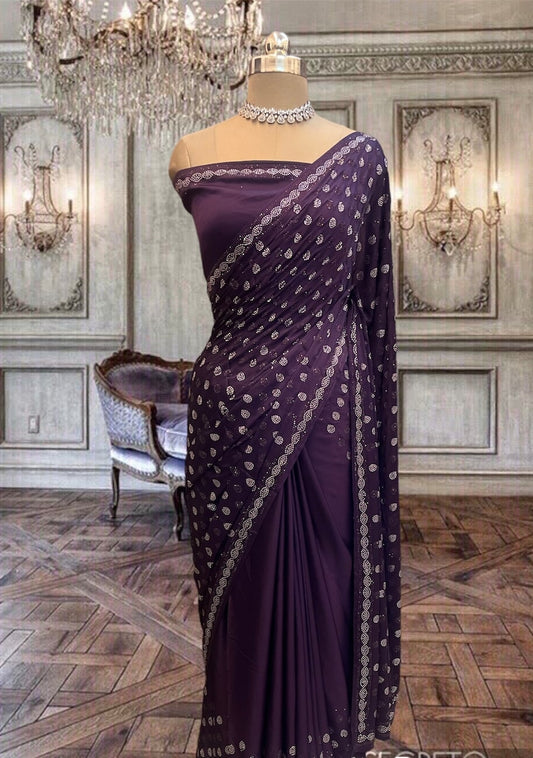 Beautiful Pure Purple Satin Saree with Kundan Work