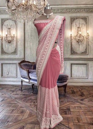 Beautiful Peach Blossom Georgette Saree With Machine Thread Work