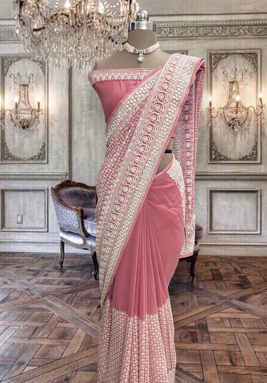 Beautiful Peach Blossom Georgette Saree With Machine Thread Work