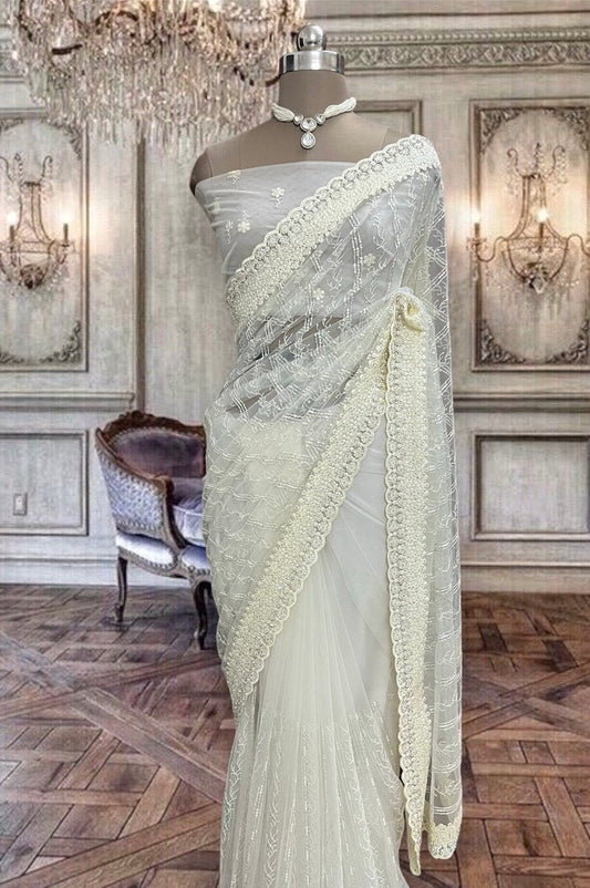 Beautiful Cream Colour Net Saree with Sequin Work