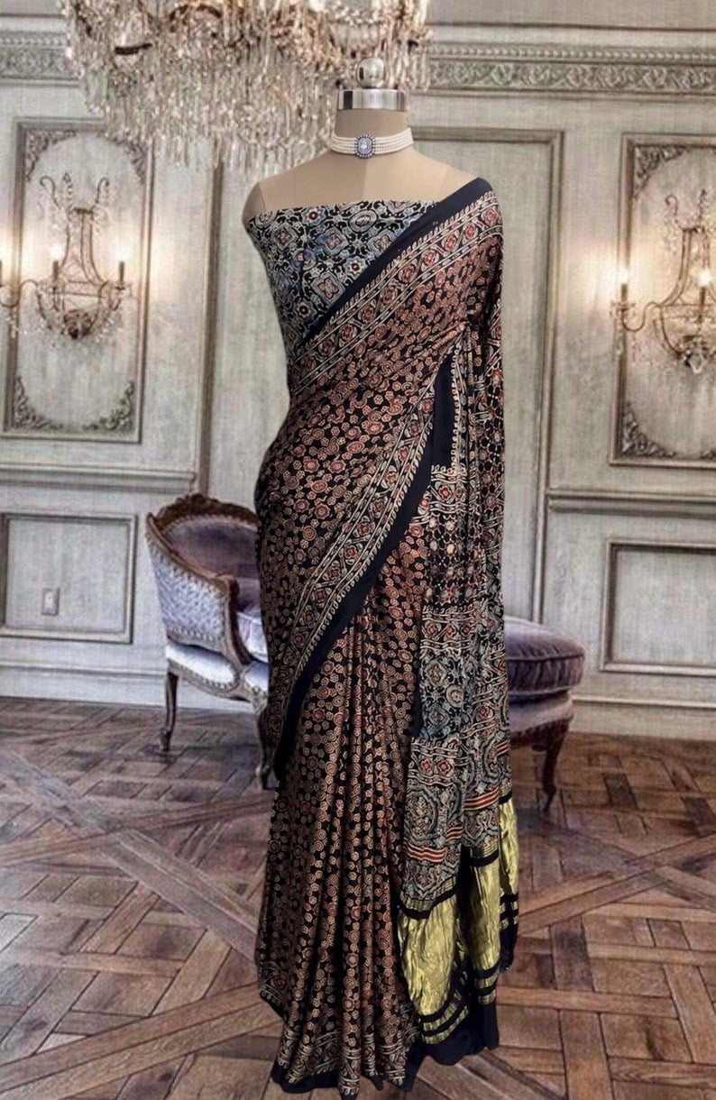 Beautiful black Ajrakh hand block printed pure modal silk saree