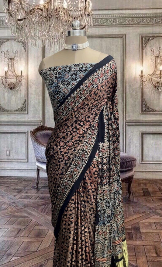 Beautiful black Ajrakh hand block printed pure modal silk saree