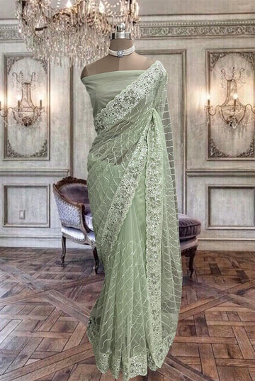 Beautiful Pastel Green Net Saree with Sequins Work