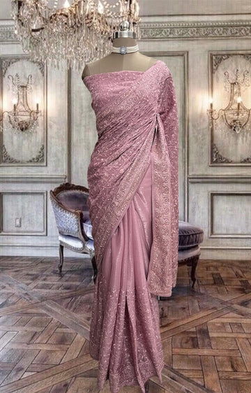 Beautiful Onion Pink Organza Saree with Thread Work