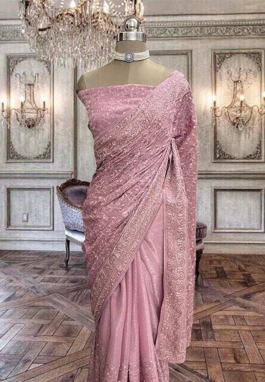 Beautiful Onion Pink Organza Saree with Thread Work