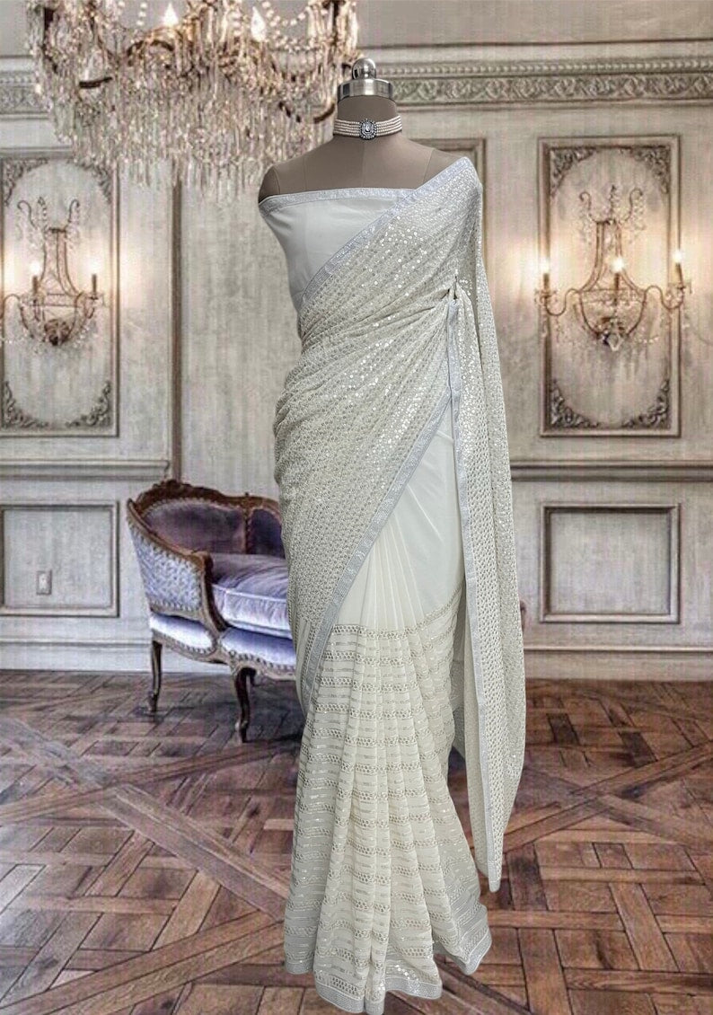 Beautiful White Georgette Saree with Sequins Work