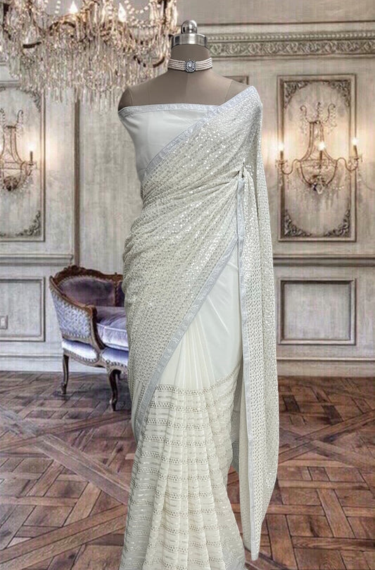 Beautiful White Georgette Saree with Sequins Work