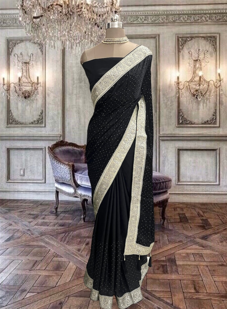 Beautiful Deep Purple Satin Saree with Zari Border