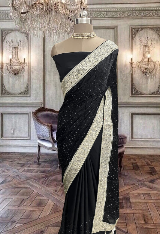 Beautiful Deep Purple Satin Saree with Zari Border