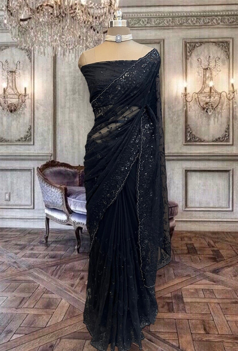 Beautiful Black Net Saree with Sequins Embroidery