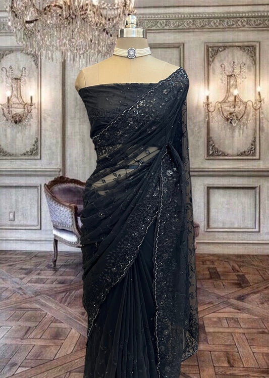 Beautiful Black Net Saree with Sequins Embroidery
