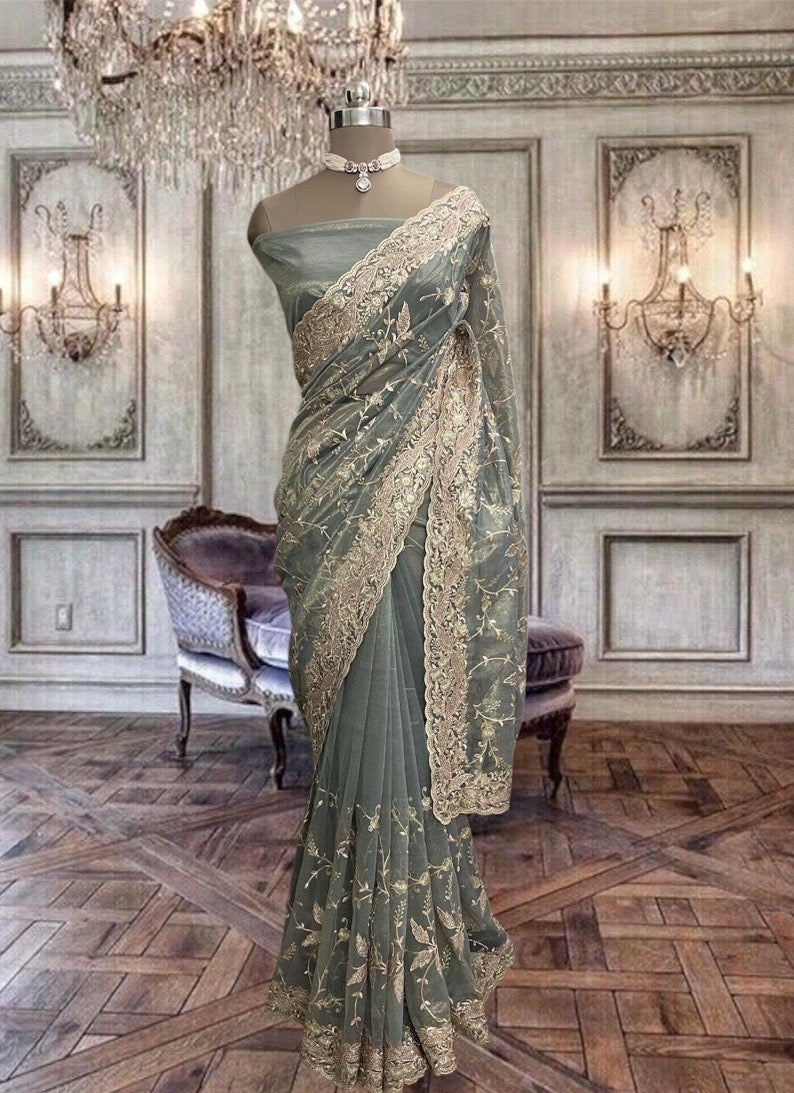 Beautiful Shimmer Net Grey Saree with Zari work
