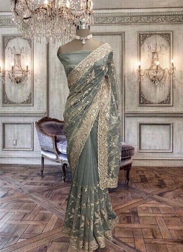 Beautiful Shimmer Net Grey Saree with Zari work