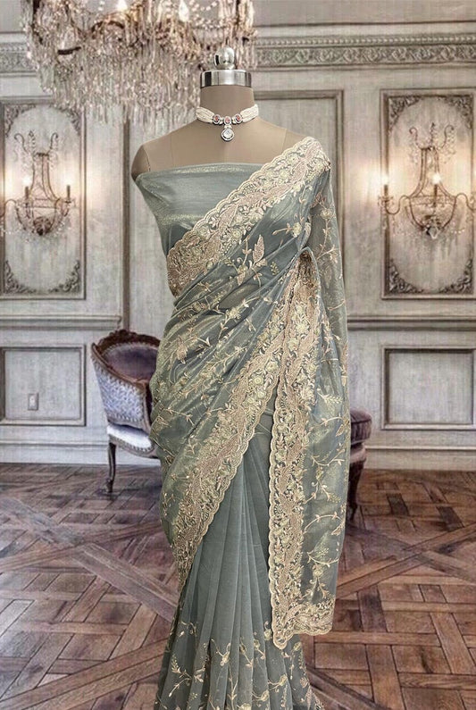 Beautiful Shimmer Net Grey Saree with Zari work