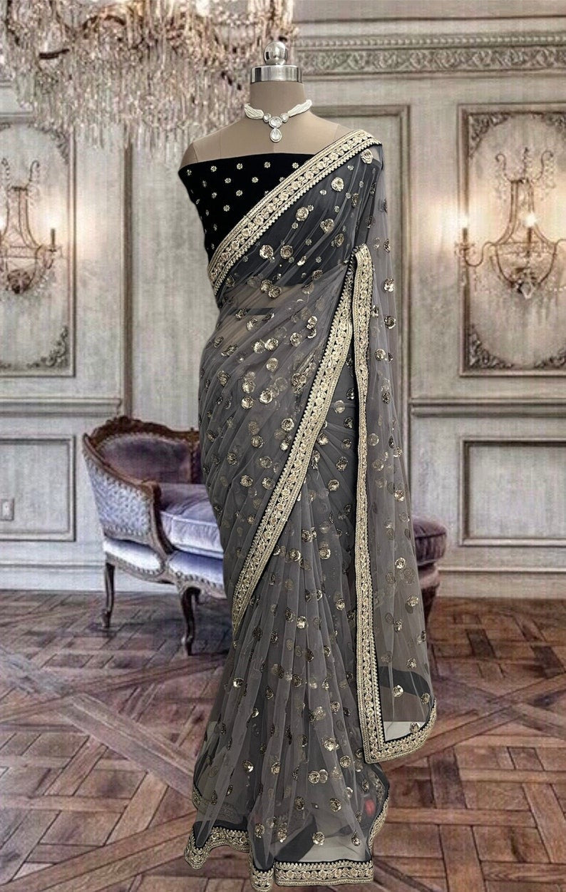 Beautiful Grey Colour Net Saree with Sequins Work