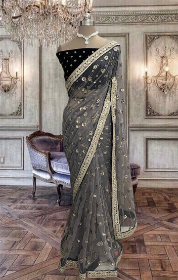 Beautiful Grey Colour Net Saree with Sequins Work