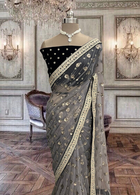 Beautiful Grey Colour Net Saree with Sequins Work