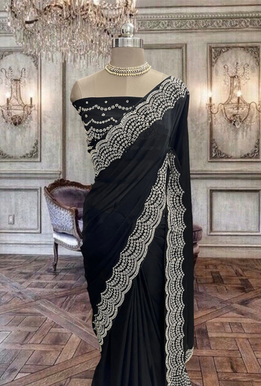 Beautiful black chinon georgette saree with copper kundan work