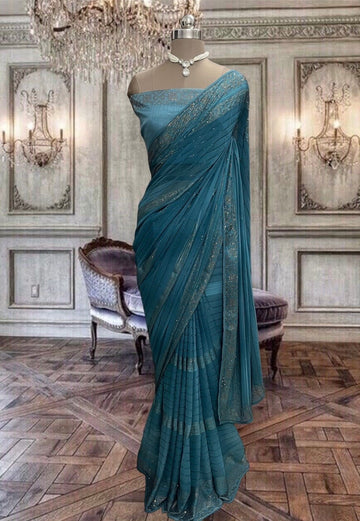 Shaded Blue Georgette Saree with Kundan Work