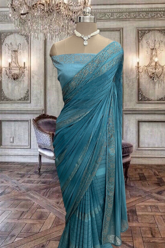 Shaded Blue Georgette Saree with Kundan Work
