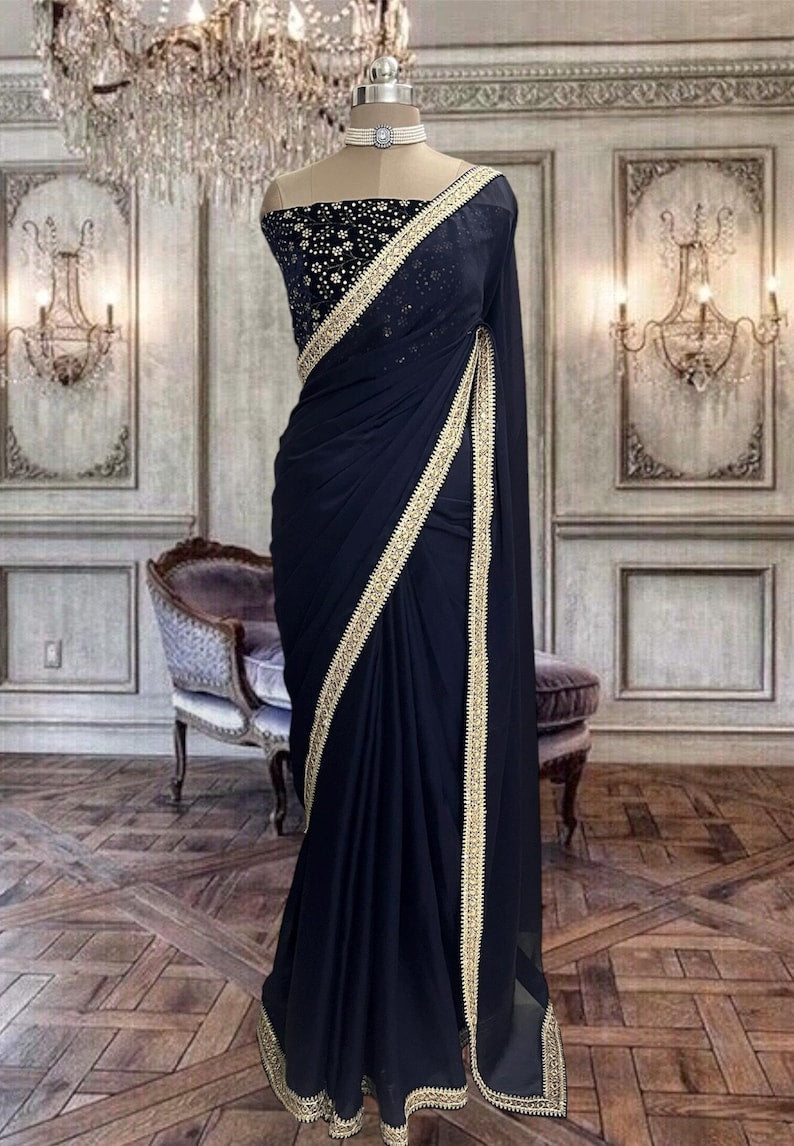 Beautiful Deep Blue Satin Georgette Saree with Delicate Border