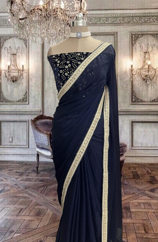 Beautiful Deep Blue Satin Georgette Saree with Delicate Border