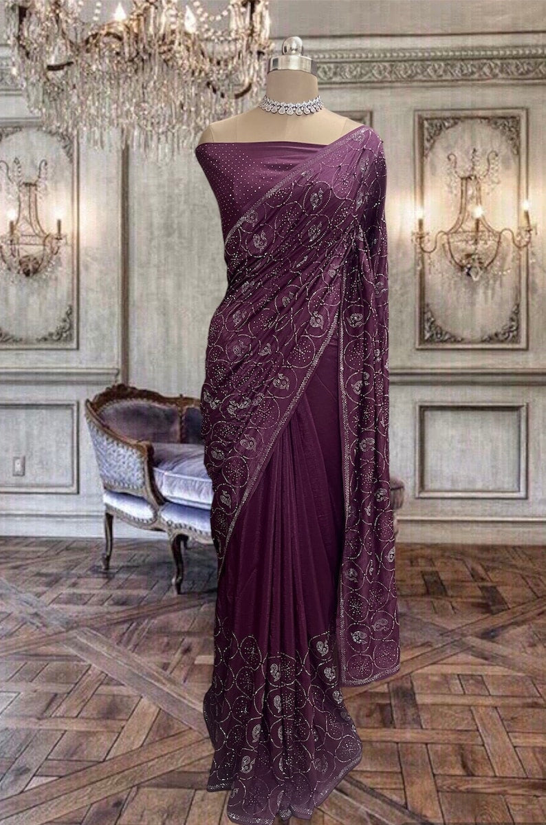 Beautiful Deep Wine Crepe Chinon Party Wear Saree