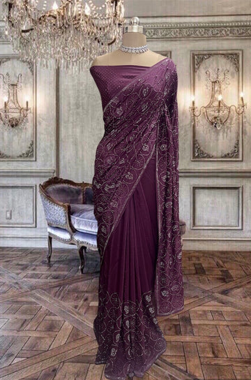 Beautiful Deep Wine Crepe Chinon Party Wear Saree