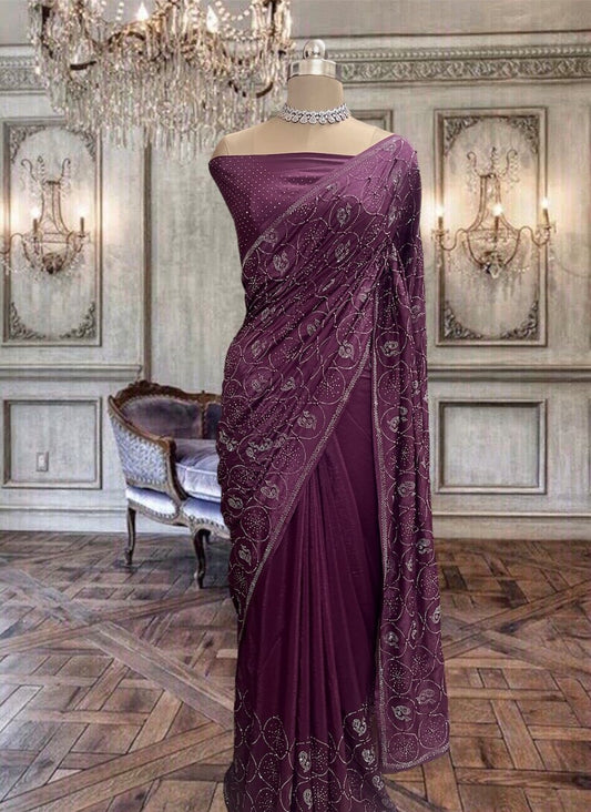 Beautiful Deep Wine Crepe Chinon Party Wear Saree