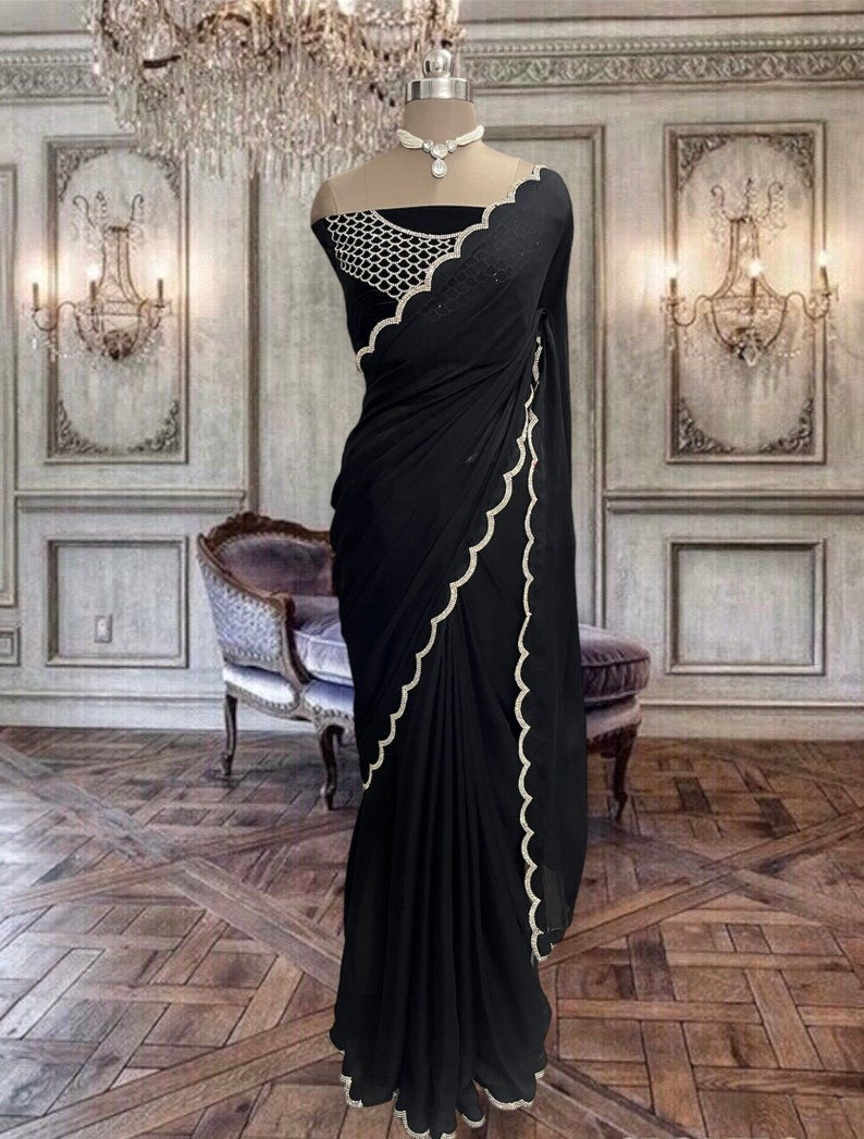 Beautiful Black Chinon Georgette Saree with Stone