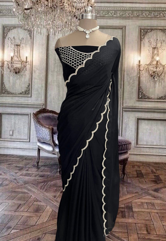 Beautiful Black Chinon Georgette Saree with Stone