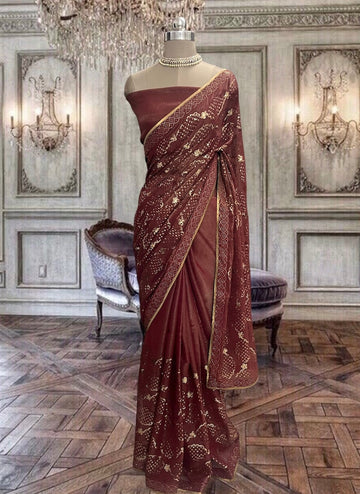 Beautiful Brown Shimmer Georgette Saree with Sequins work
