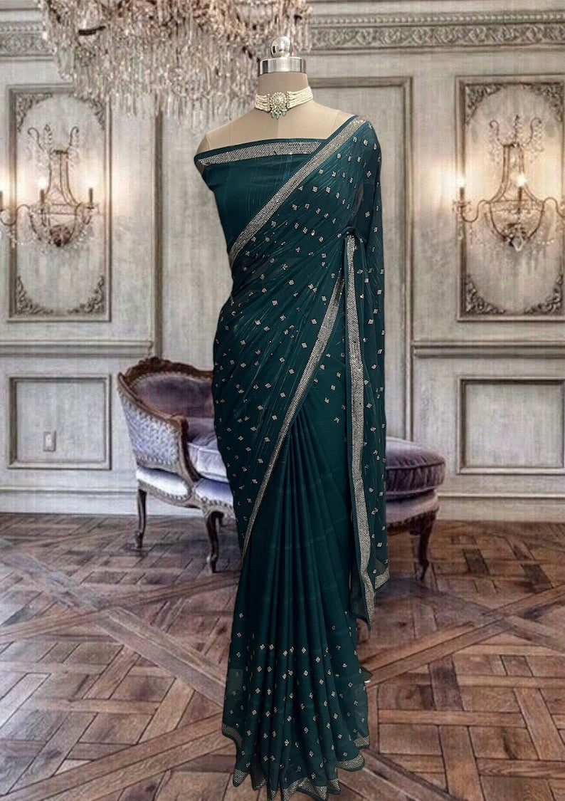 Beautiful Peacock Blue Satin Georgette Saree
