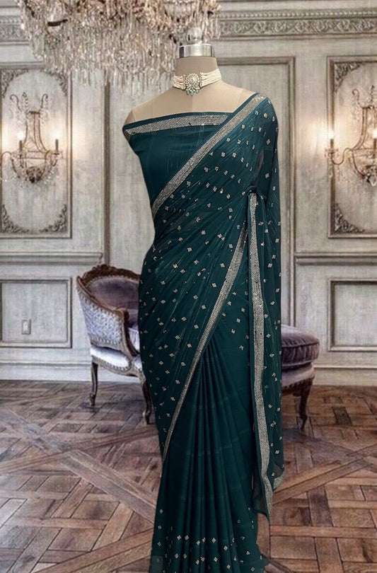 Beautiful Peacock Blue Satin Georgette Saree