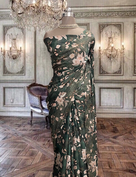 Beautiful Green Digital Printed Satin Georgette Saree