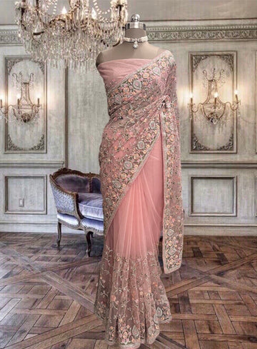Beautiful Peach Pink Net Saree with Colorful Thread Work