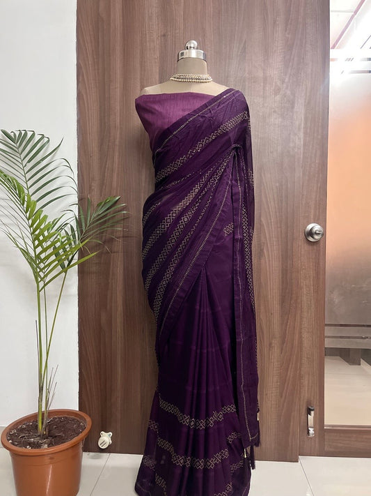 Deep Raisin Color Satin Georgette Saree