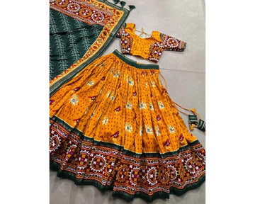 Girls Embroidered Mirror Work Cotton Ready to Wear Lehenga & Blouse With Dupatta