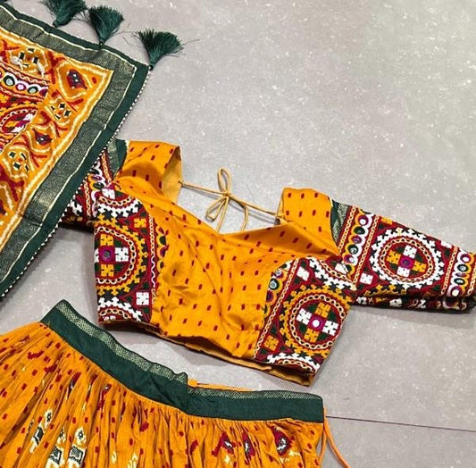 Girls Embroidered Mirror Work Cotton Ready to Wear Lehenga & Blouse With Dupatta