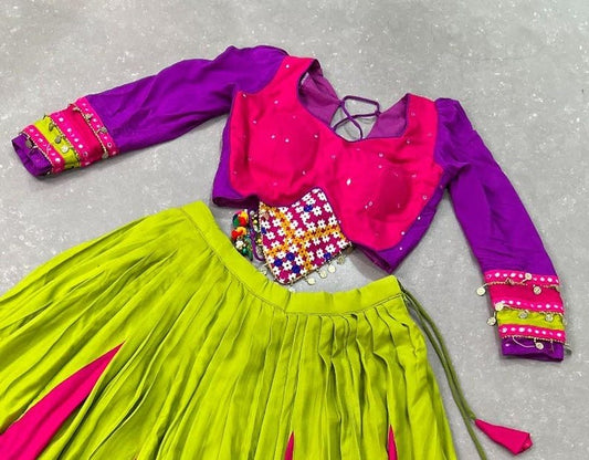 Multi Color Pure Rayon Navratri Lehenga Choli With Patch Work