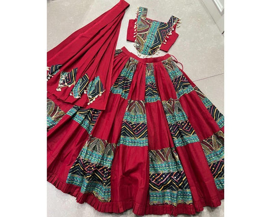 Chinnon Silk Red Wedding Wear Mill Printed Lehenga Choli