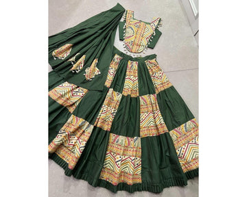 Chinnon Silk Green Wedding Wear Mill Printed Lehenga Choli