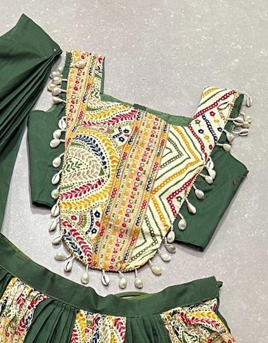 Chinnon Silk Green Wedding Wear Mill Printed Lehenga Choli