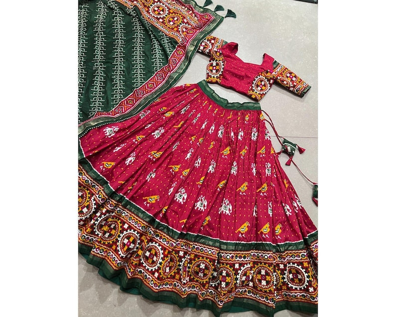 Charming Maroon & Green Bandhani Printed Silk Traditional Gown