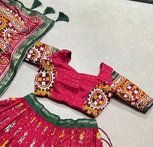 Charming Maroon & Green Bandhani Printed Silk Traditional Gown